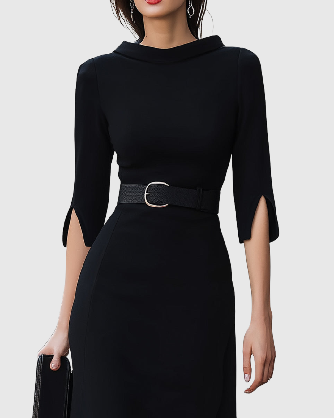 Naomi - Formal Belted Mock Neck Midi Dress with Split Sleeves