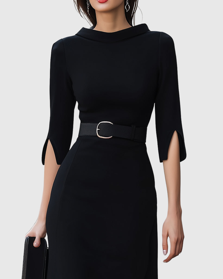 Naomi - Formal Belted Mock Neck Midi Dress with Split Sleeves