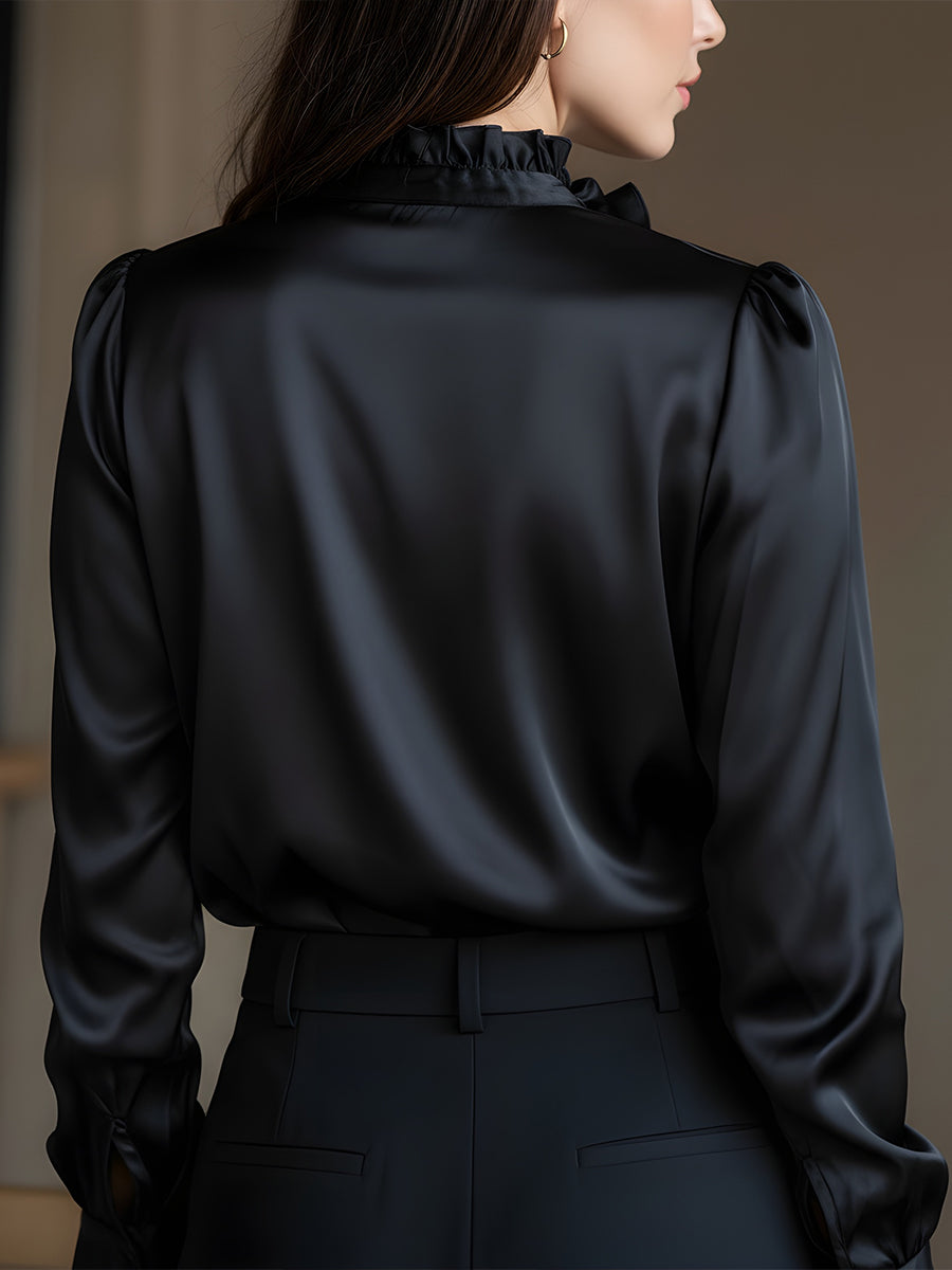Mika - Black Satin Ruffled Long Sleeve V-Neck Blouse