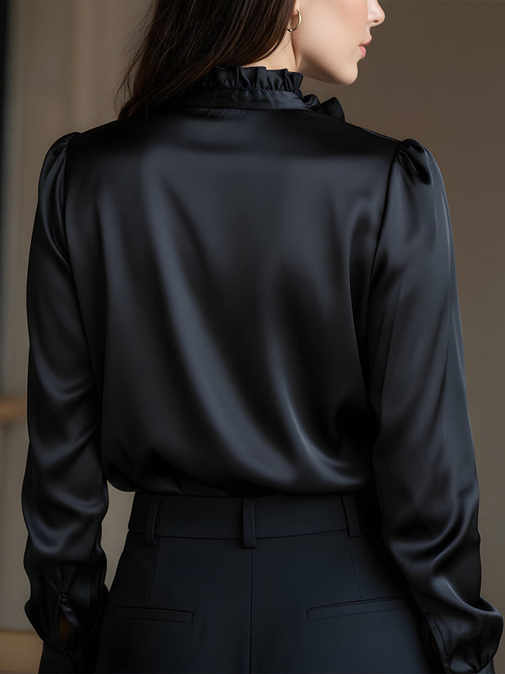 Mika - Black Satin Ruffled Long Sleeve V-Neck Blouse