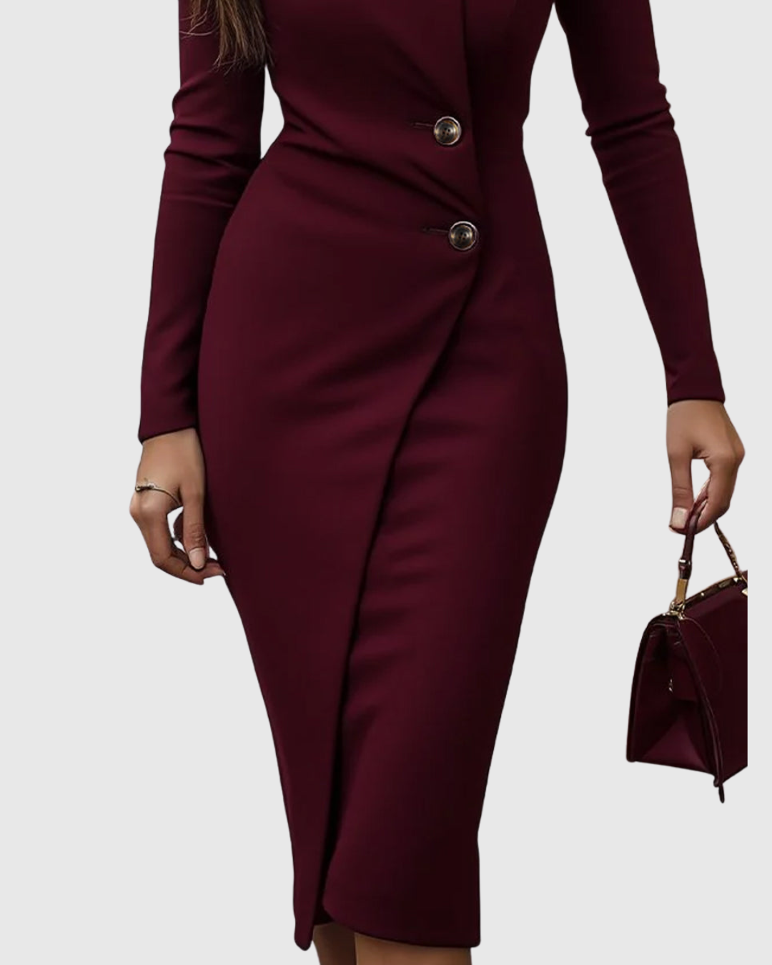 Luned - Burgundy Wrap-Style Buttoned Formal Dress