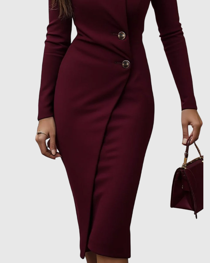 Luned - Burgundy Wrap-Style Buttoned Formal Dress