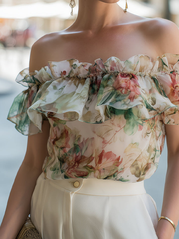 Nicky - Off-Shoulder Ruffle Floral Chiffon Blouse