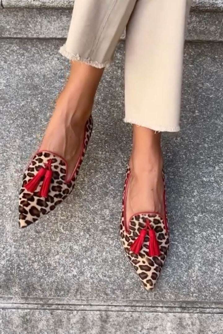 Cleo - Womens Animal Print Red Tassels Loafers