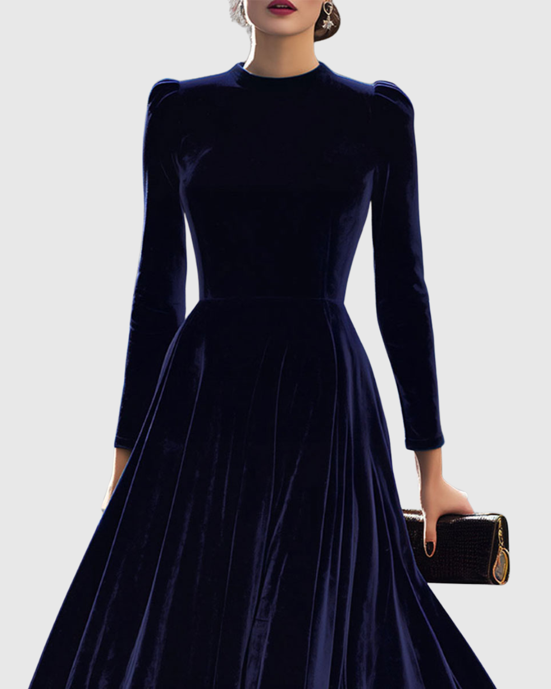 Sibella - Navy Long-Sleeve Formal Midi Dress