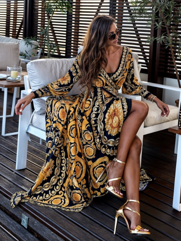 Lune - Elegant Golden Print and High Slit Maxi Dress