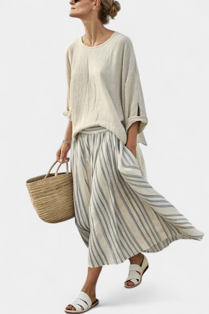 Aurcyn - Spring Loose Blouse &amp; Striped Midi Skirt
