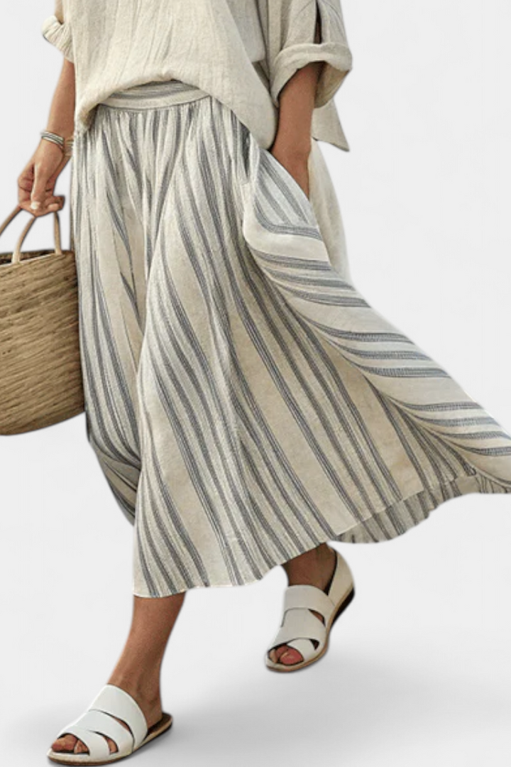 Aurcyn - Spring Loose Blouse &amp; Striped Midi Skirt