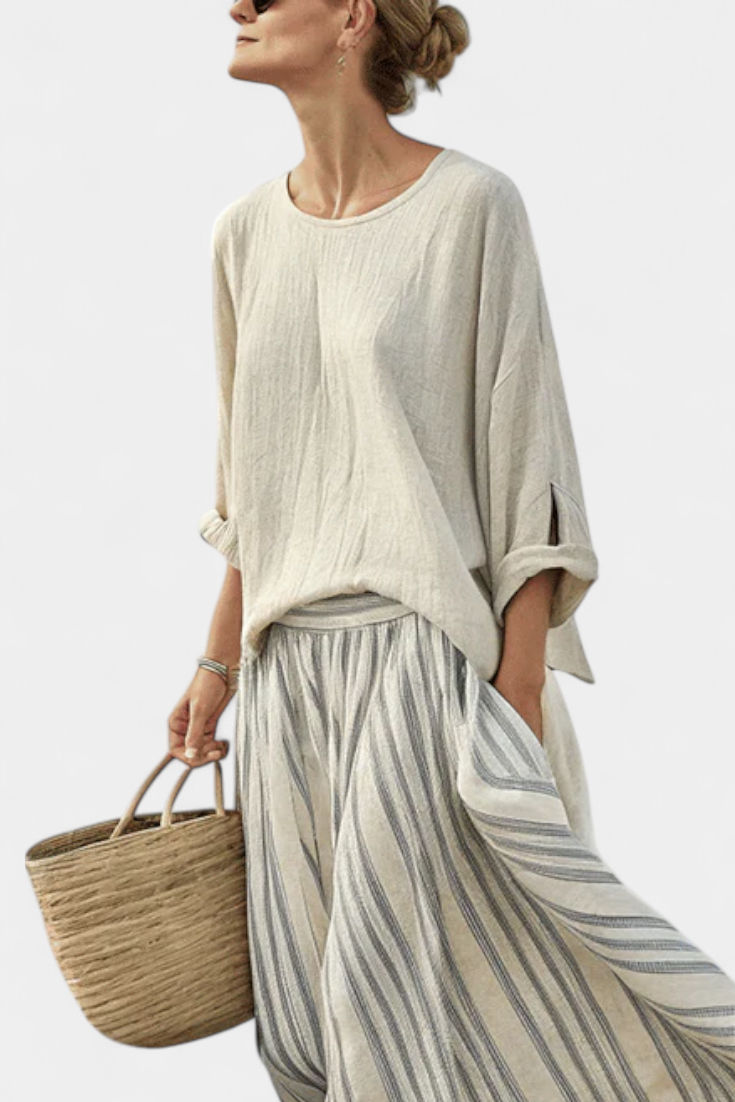 Aurcyn - Spring Loose Blouse &amp; Striped Midi Skirt