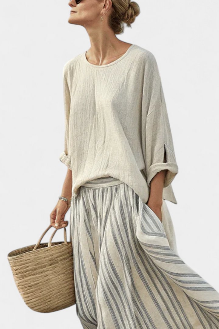 Aurcyn - Spring Loose Blouse &amp; Striped Midi Skirt