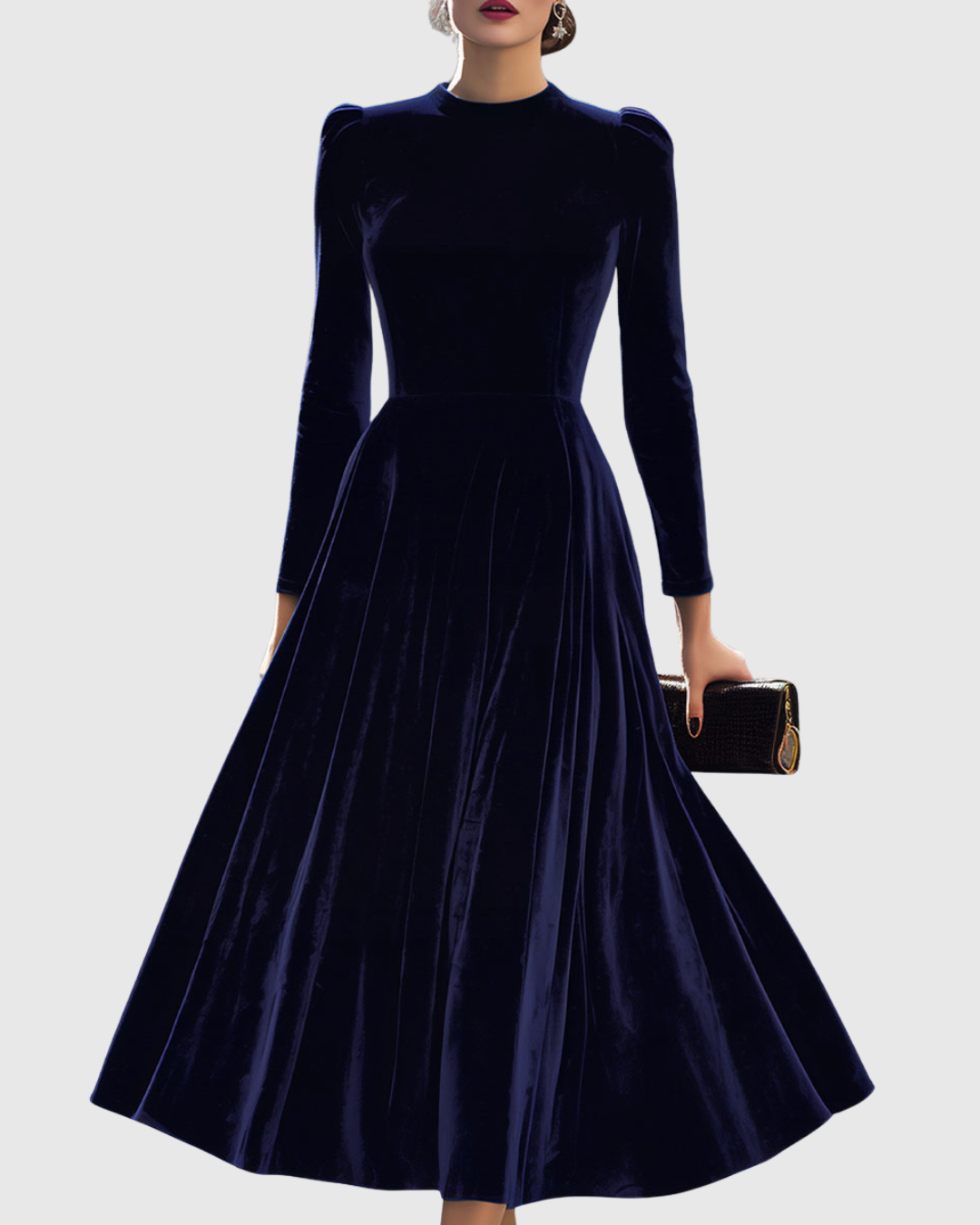 Sibella - Navy Long-Sleeve Formal Midi Dress