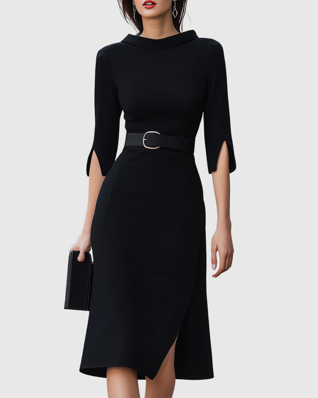 Naomi - Formal Belted Mock Neck Midi Dress with Split Sleeves