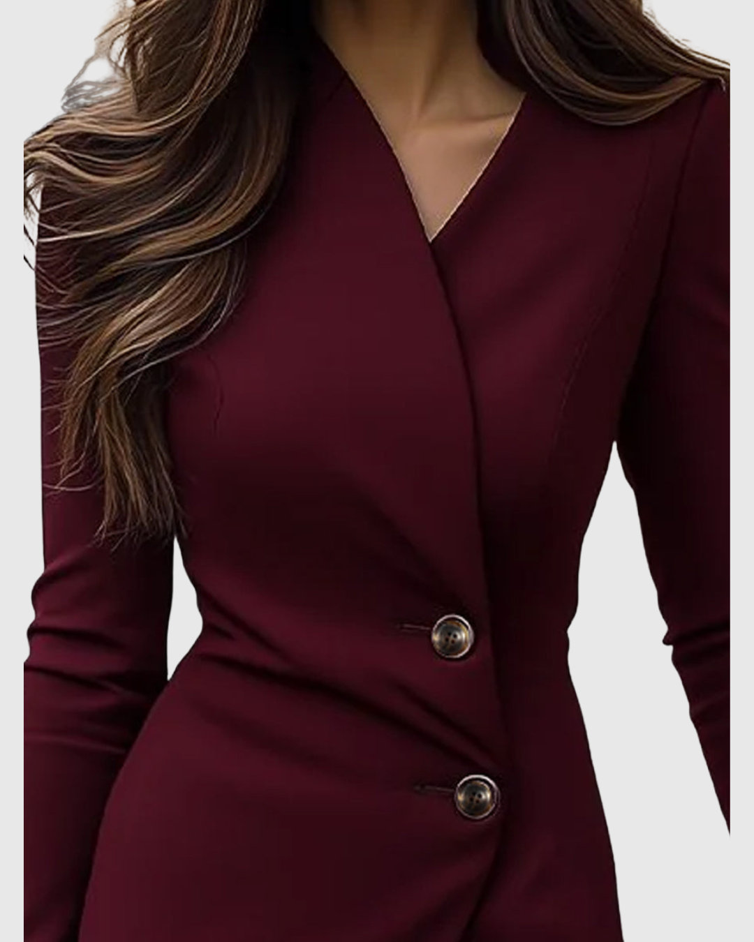 Luned - Burgundy Wrap-Style Buttoned Formal Dress