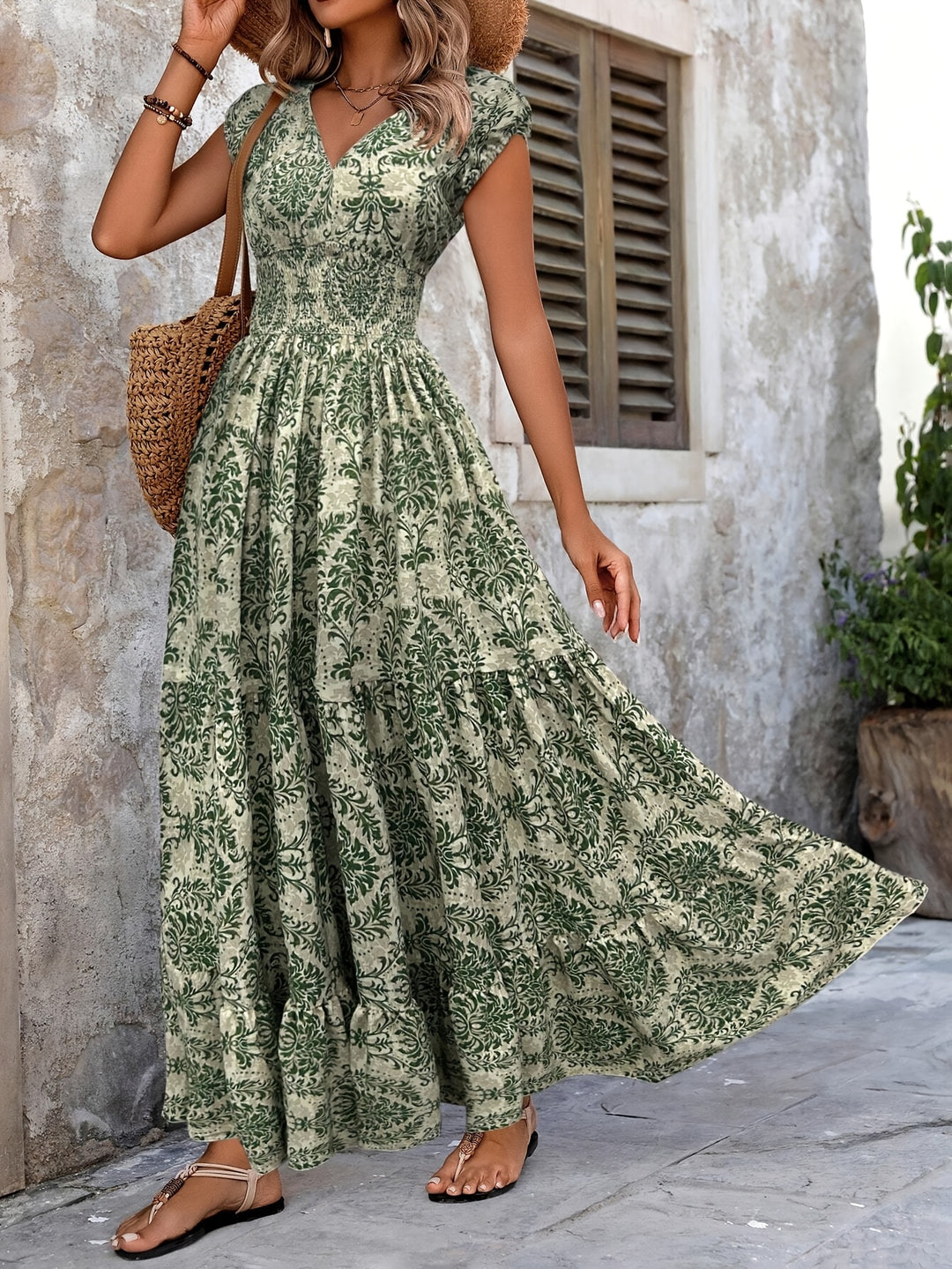 Laura - Printed Patchwork V-Neck Maxi Dress