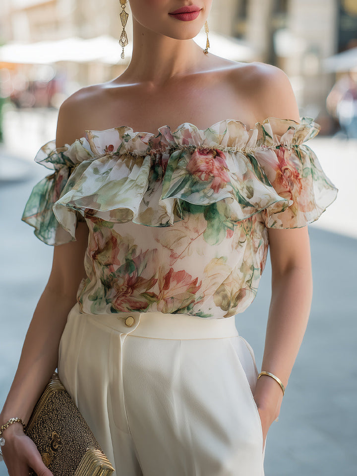 Nicky - Off-Shoulder Ruffle Floral Chiffon Blouse