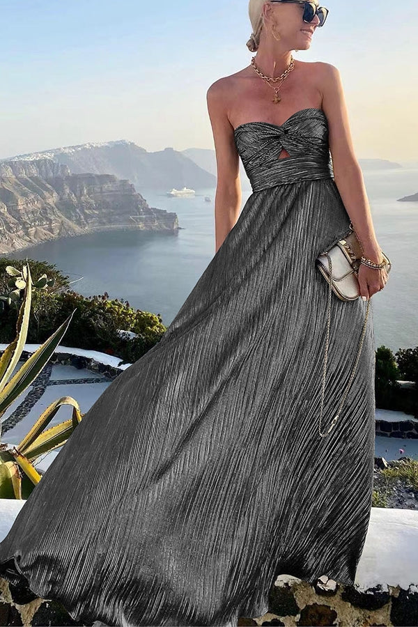 Elena - Strapless A-Line Pleated Metallic Maxi Dress