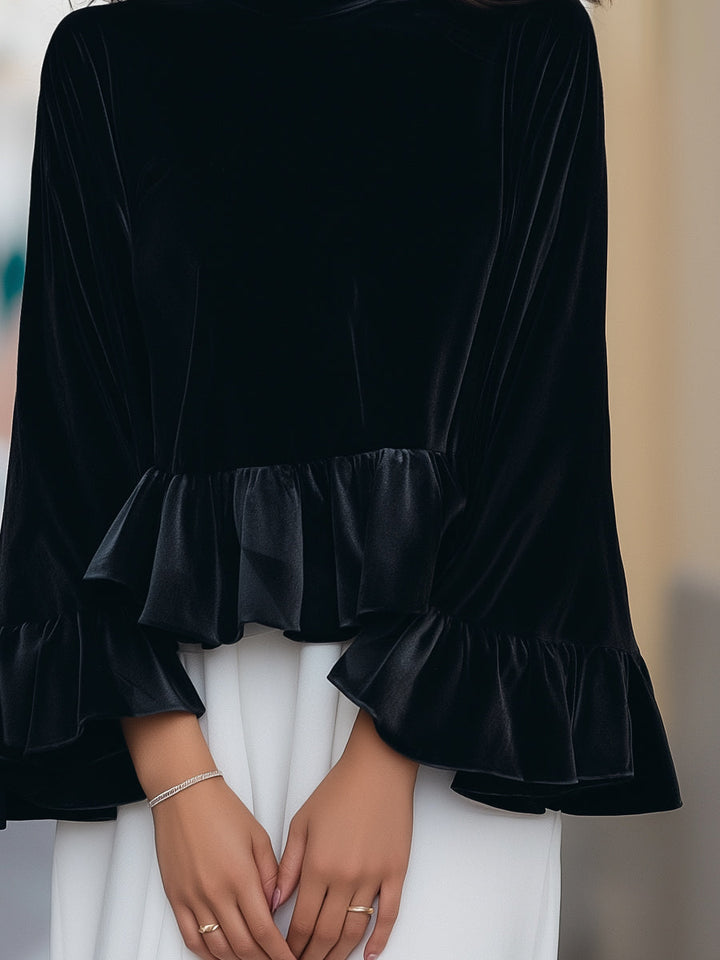 Bree - Round Neck Velvet Ruffle-Trim Blouse