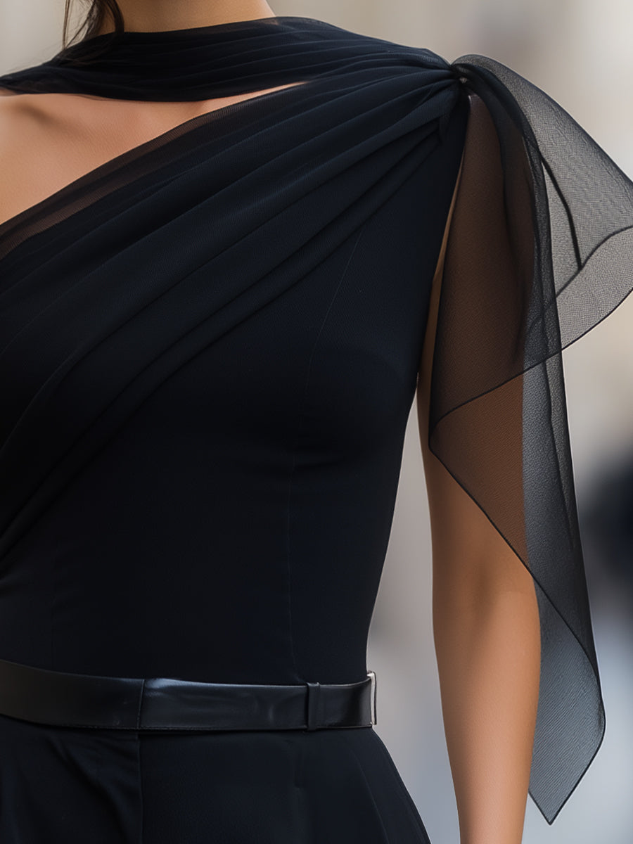 Jade - One-Shoulder Chiffon-Panel Draped Top Blouse
