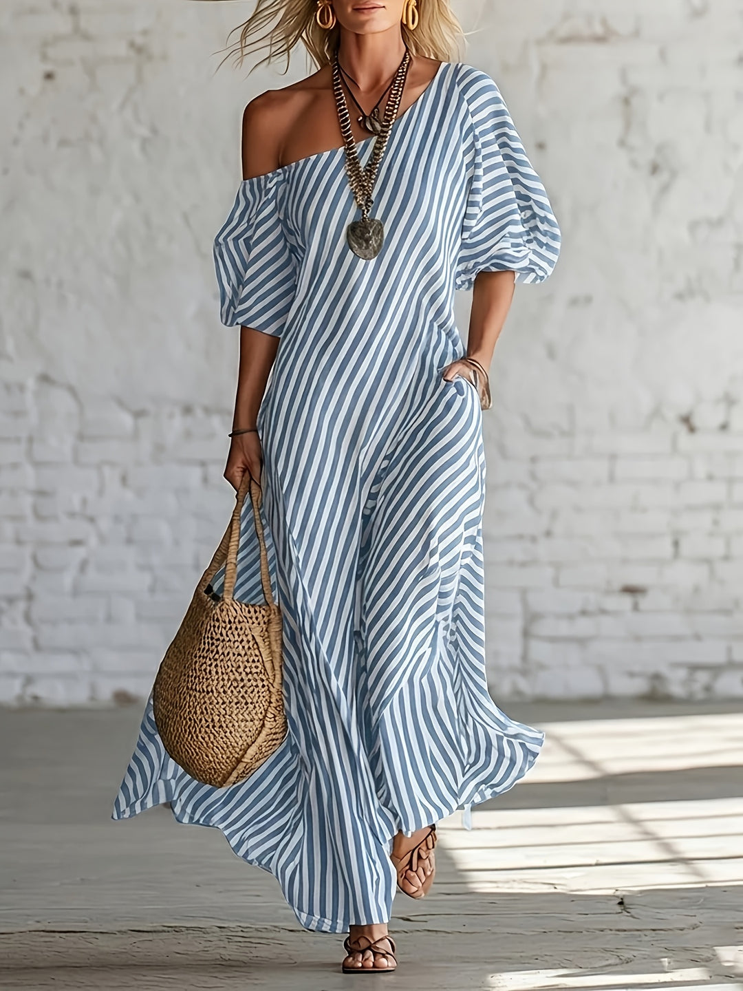 Helena - Striped One-Shoulder Summer Maxi Dress
