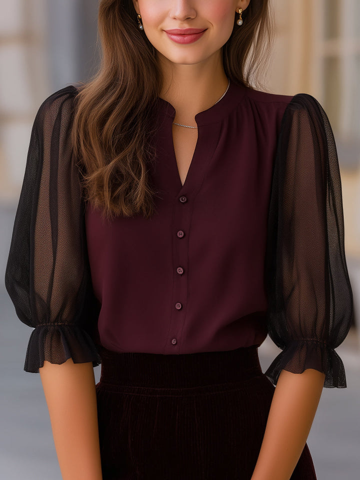 Susan - Sheer Puff Sleeve Button-Up Blouse