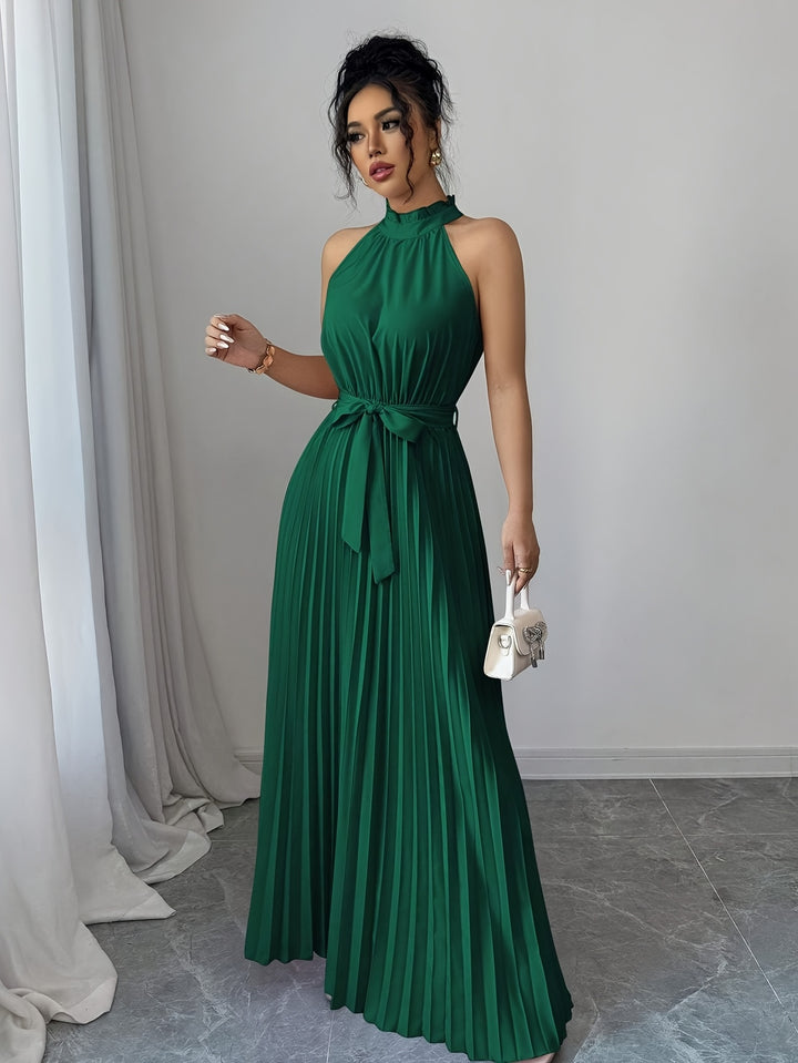 Rose - Sleeveless Pleated Waist-cinching Maxi Dress