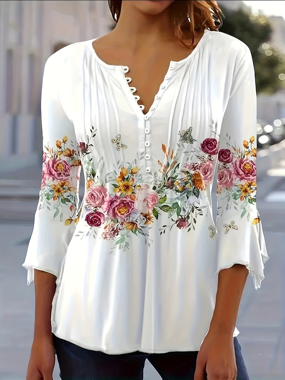 Laura - Floral Print Notched Neck Blouse