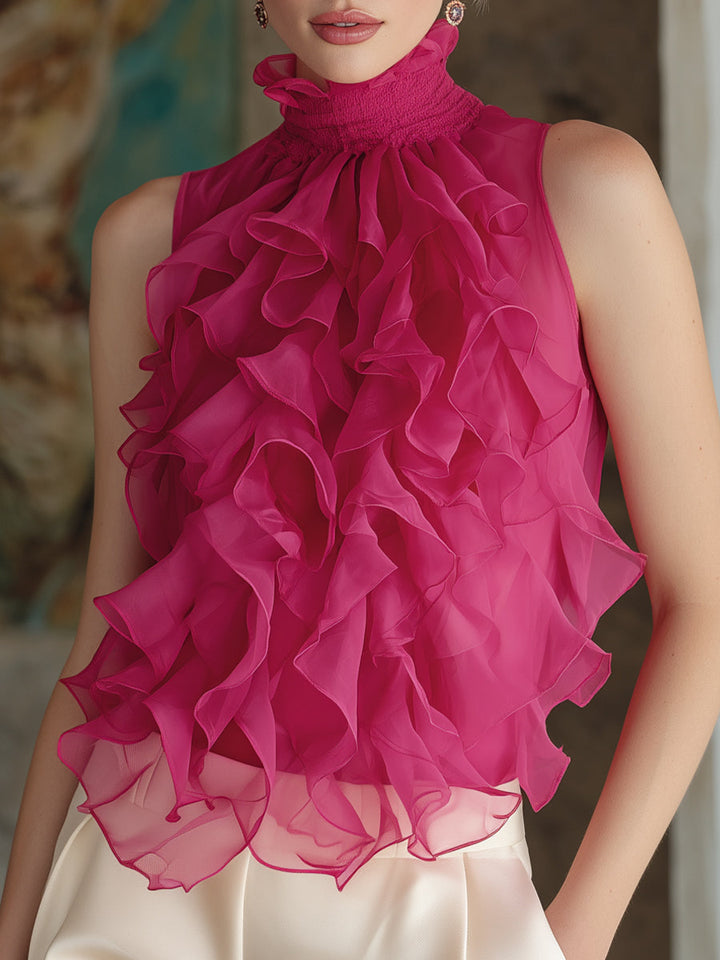 Aria - Ruffled High-Neck Sleeveless Chiffon Blouse