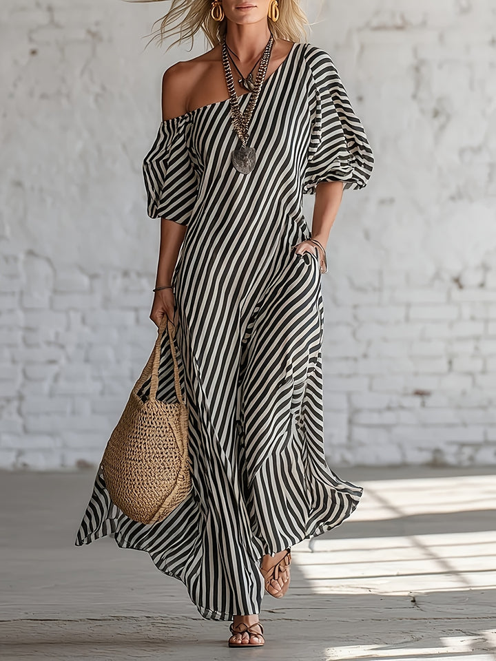 Helena - Striped One-Shoulder Summer Maxi Dress