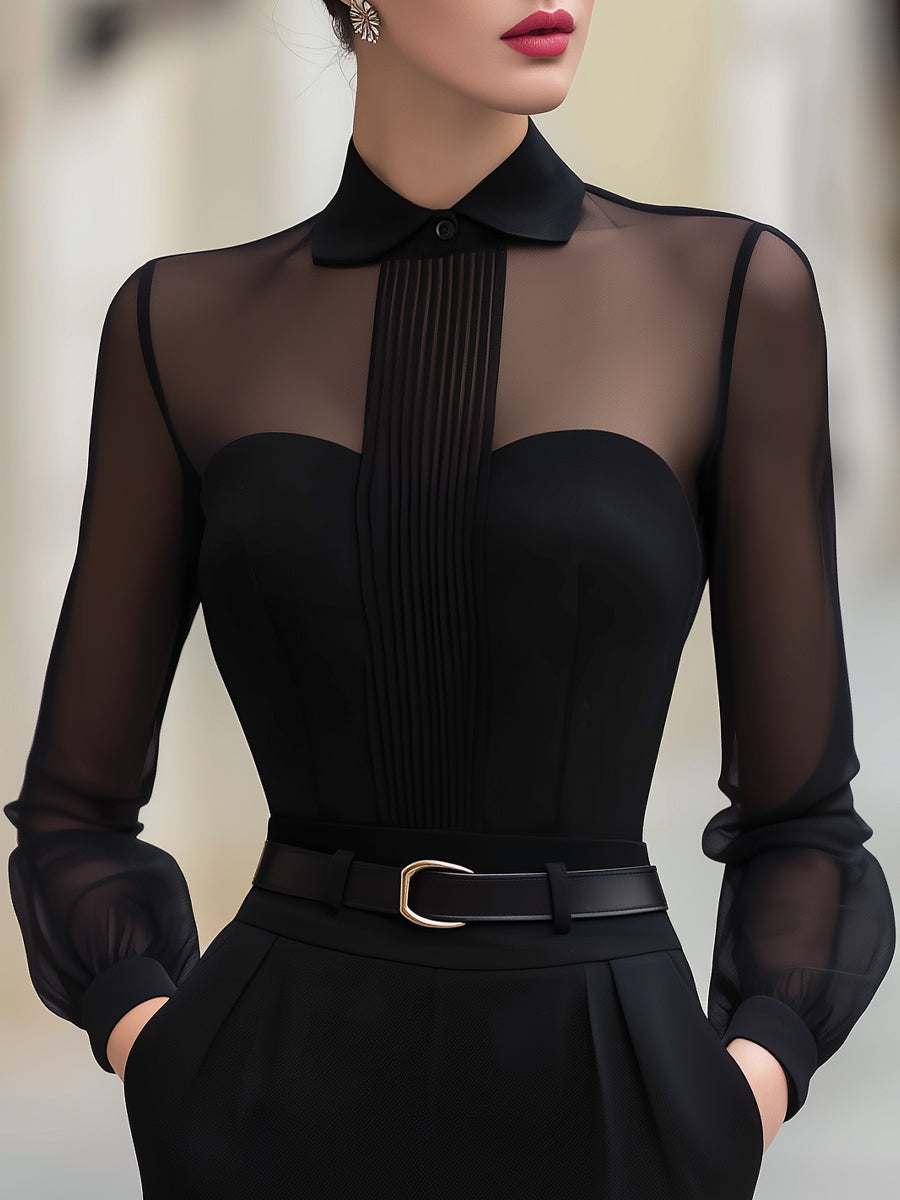Jeane - Spring Sheer Panel Pleated Front Blouse