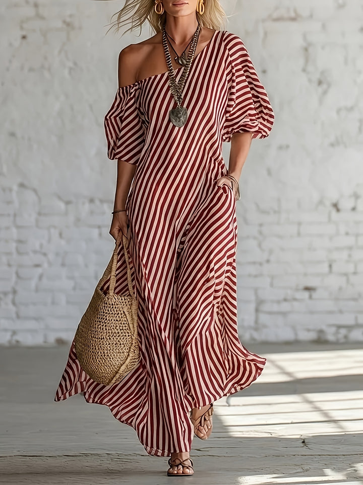 Helena - Striped One-Shoulder Summer Maxi Dress