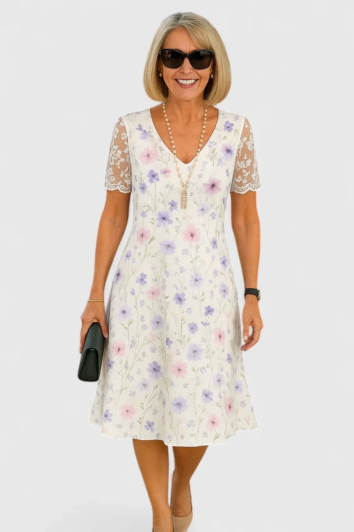 Brislyn - Elegant White Floral Midi Dress
