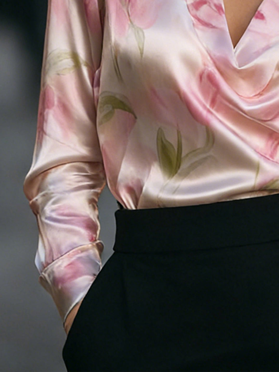 Nora - Elegant Pink Satin Floral Blouse