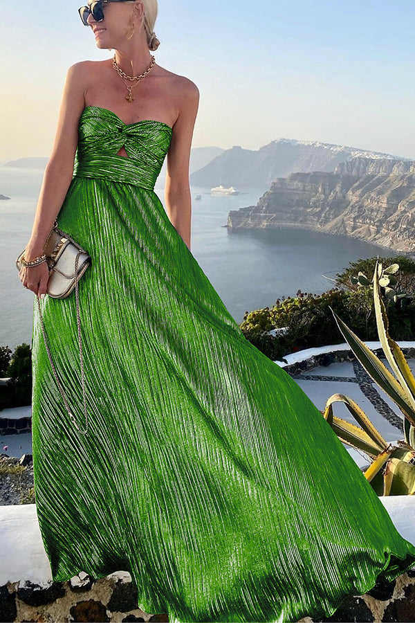 Elena - Strapless A-Line Pleated Metallic Maxi Dress