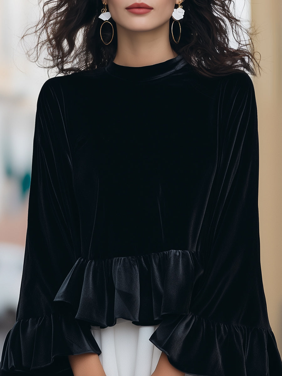 Bree - Round Neck Velvet Ruffle-Trim Blouse