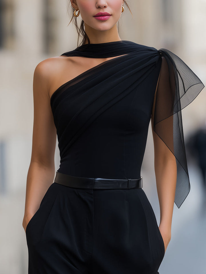 Jade - One-Shoulder Chiffon-Panel Draped Top Blouse