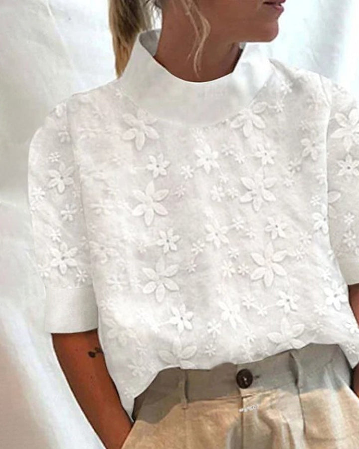 Julia - Floral Solid Stand-Up Collar Blouse