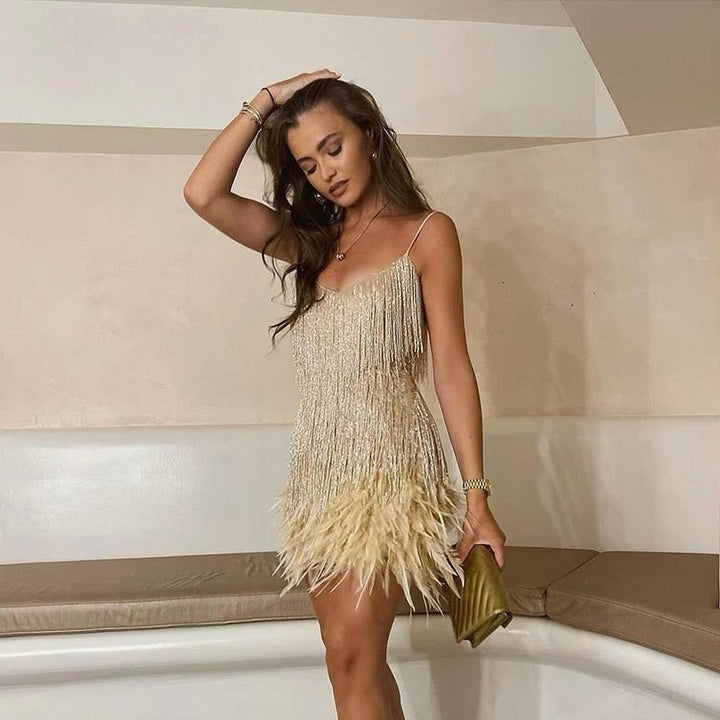 Matie - Elegant Feather Mini Cocktail Dress