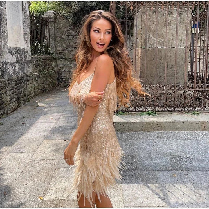 Matie - Elegant Feather Mini Cocktail Dress