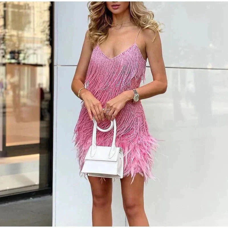 Matie - Elegant Feather Mini Cocktail Dress