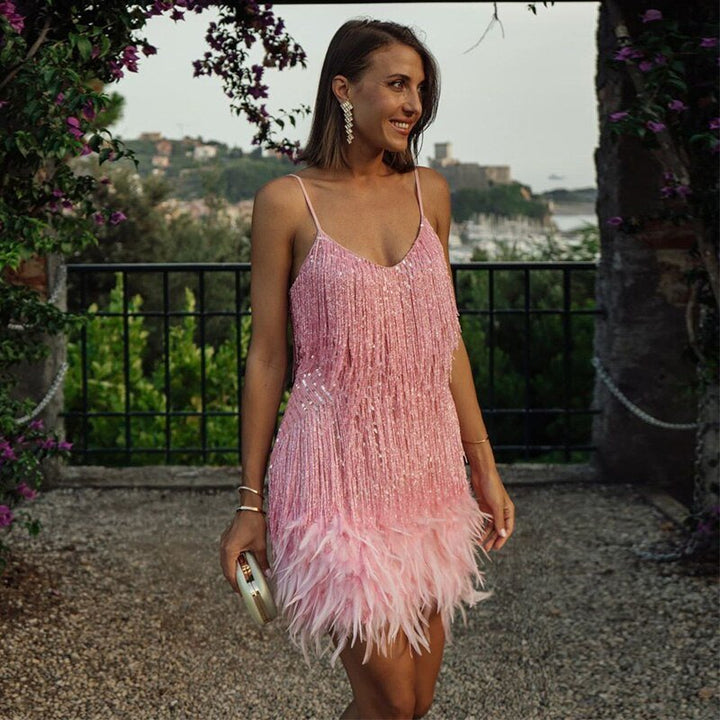 Matie - Elegant Feather Mini Cocktail Dress