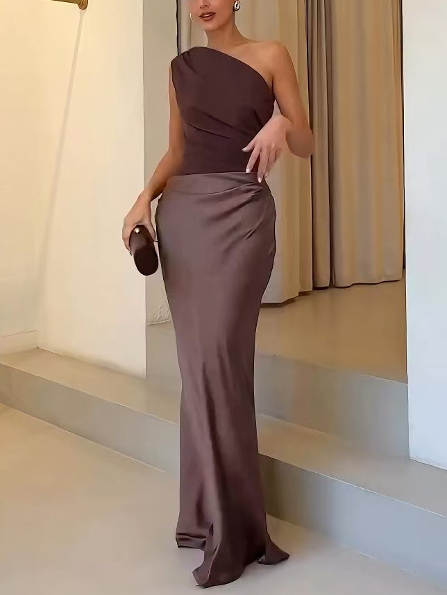 Anita - Elegant One Shoulder Neck Pleated Maxi Dress
