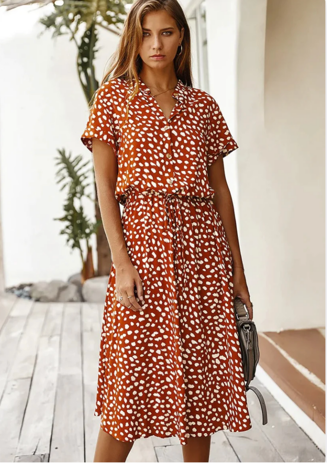 Sienna - Spotted Print Button-Down Midi Dress For Women