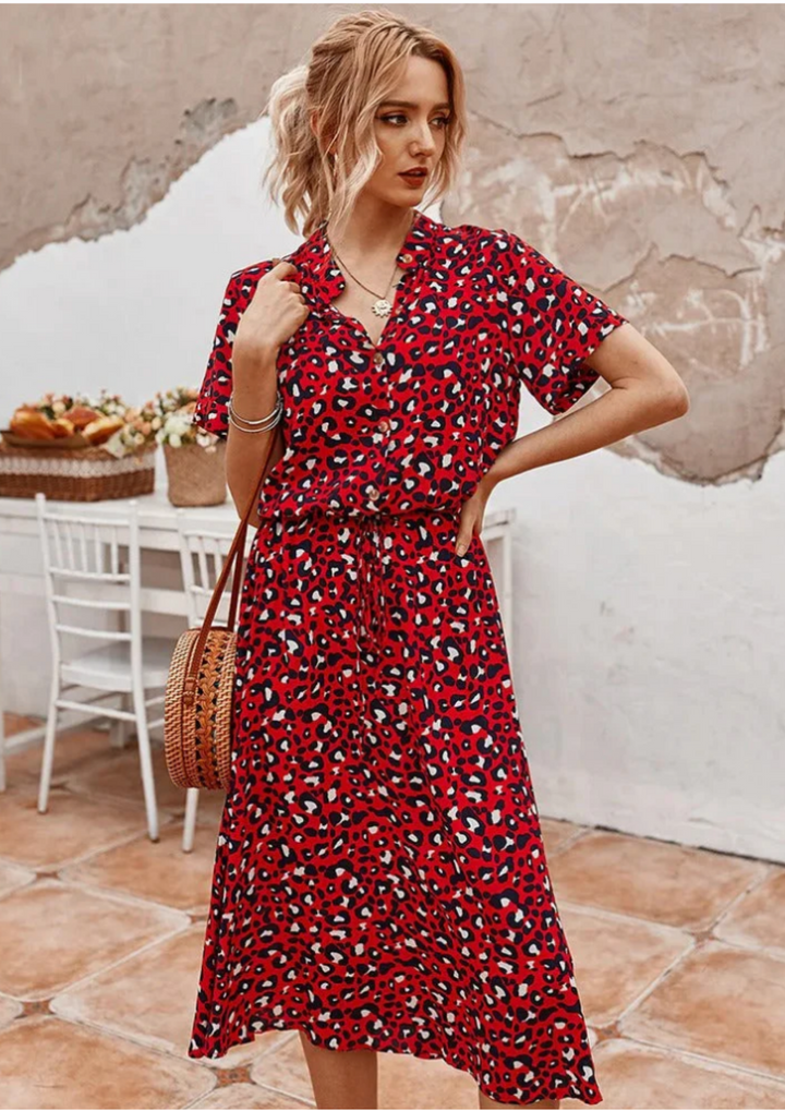 Sienna - Spotted Print Button-Down Midi Dress For Women