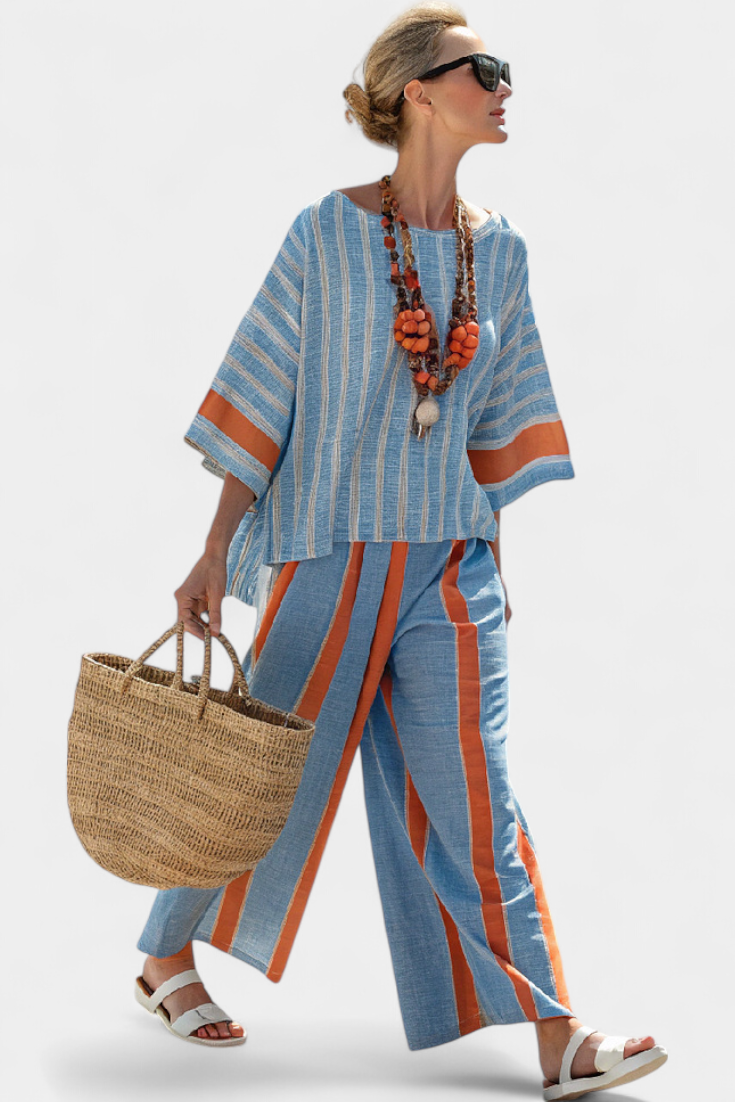 Velmere - Sophisticated Terracotta Striped Top &amp; Linen Pants