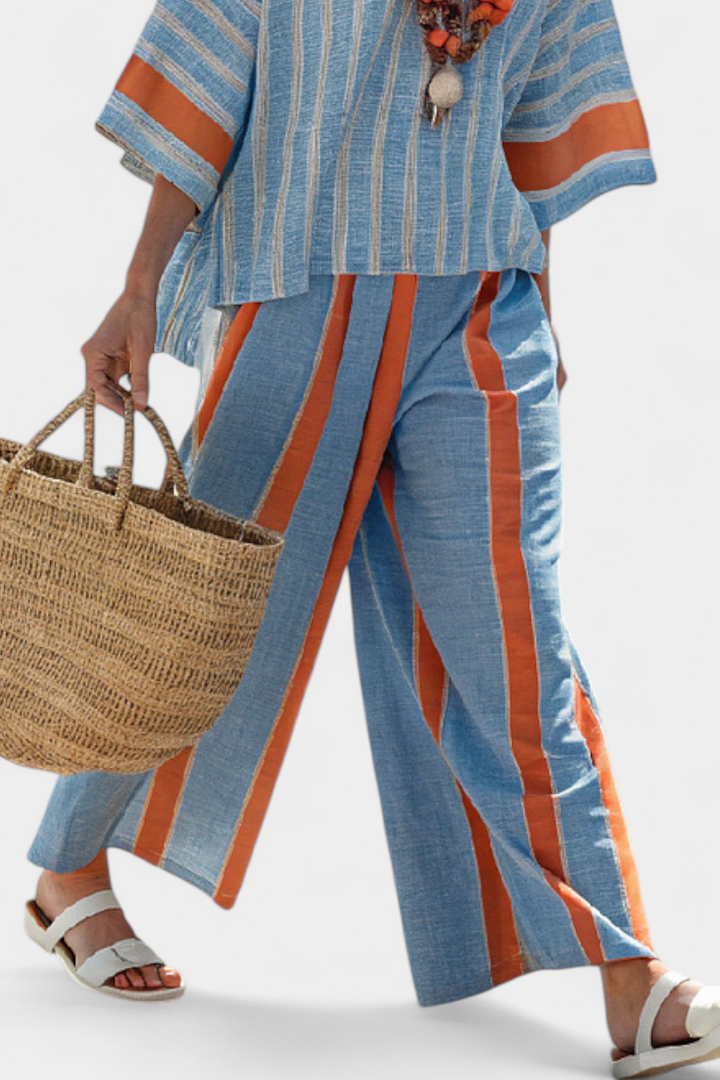 Velmere - Sophisticated Terracotta Striped Top &amp; Linen Pants
