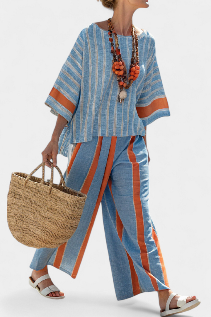 Velmere - Sophisticated Terracotta Striped Top &amp; Linen Pants