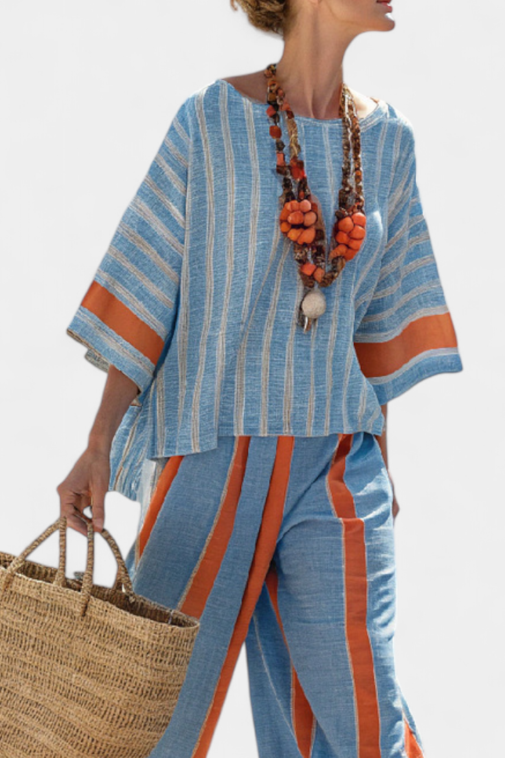 Velmere - Sophisticated Terracotta Striped Top &amp; Linen Pants