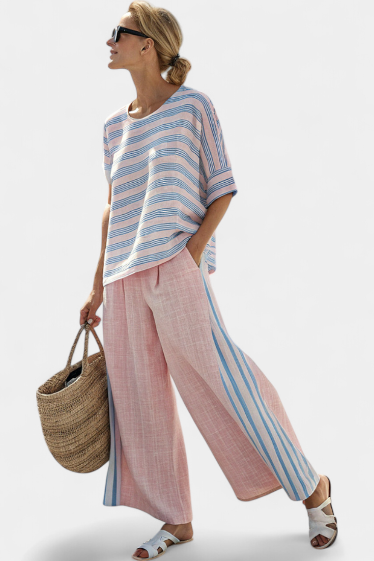Virella - Elegant Pink-Blue Linen Blouse &amp; Soft Pants
