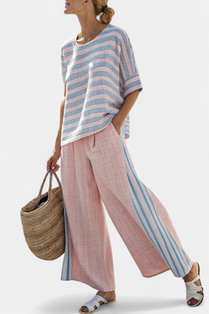 Virella - Elegant Pink-Blue Linen Blouse &amp; Soft Pants
