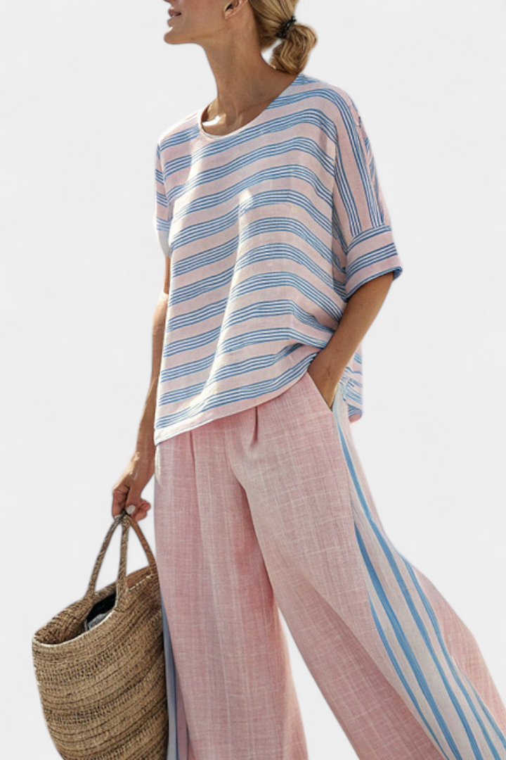 Virella - Elegant Pink-Blue Linen Blouse &amp; Soft Pants